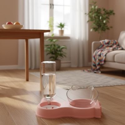 Gamelle pour chat rose posée dans un salon