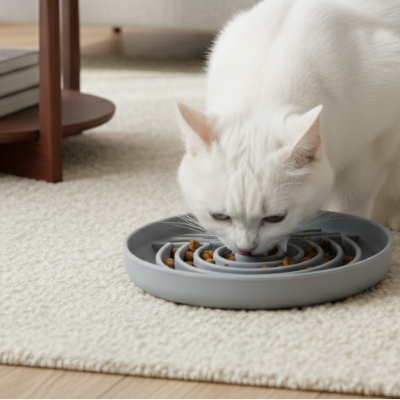 chatte blanche mangeant croquettes gamelle anti glouton 