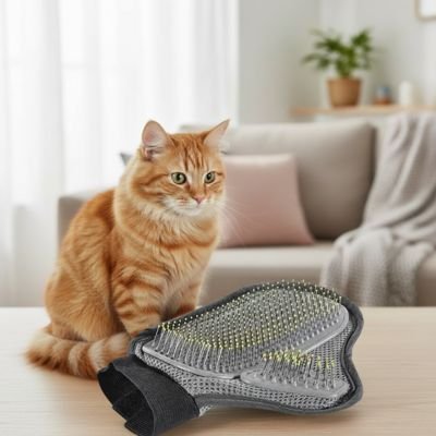 Gant de toilettage posé à côté d’un chat