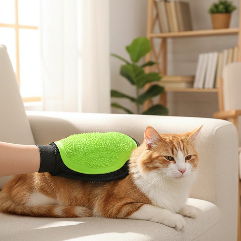 gant poil chat verte sur le dos du chat