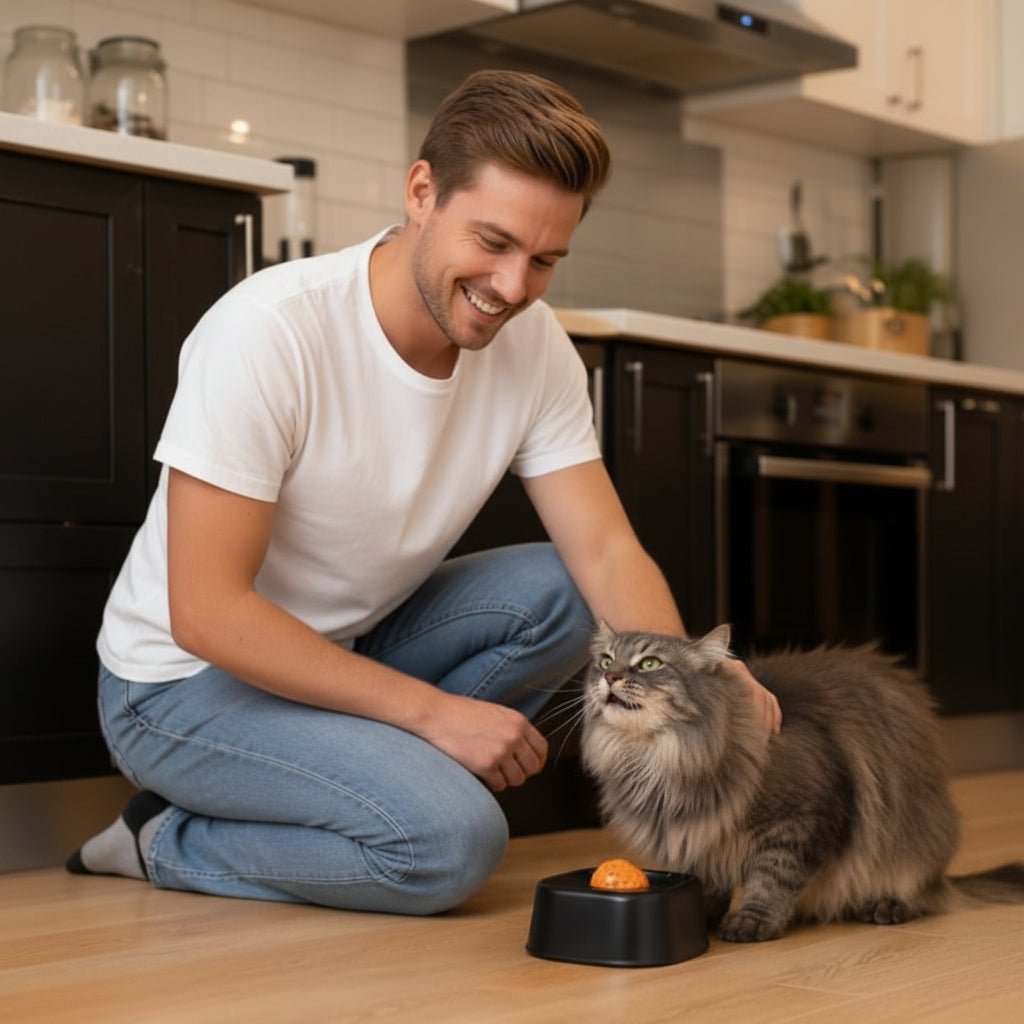 homme caresse son chat près de la gamelle anti glouton pour pâtée chat 