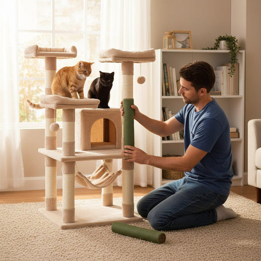 homme change le poteau griffoir pour chat