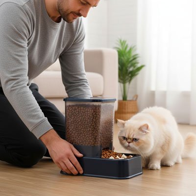 Un homme donne un distributeur croquettes chat a son chat