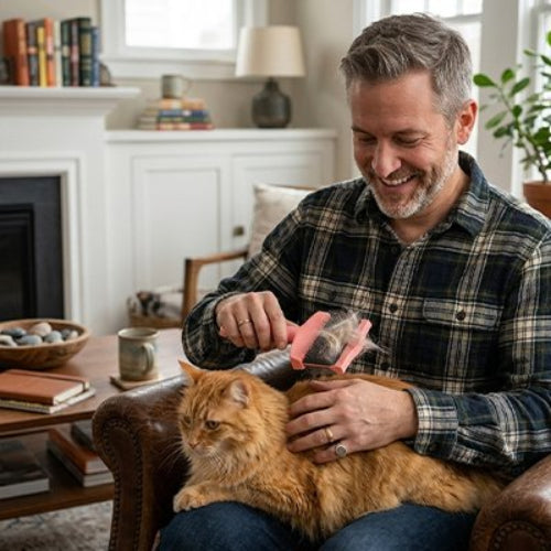 homme fait brosser chat avec brosse poil chat