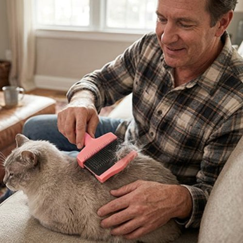 homme fait brosser chat gris avec brosse poil chat large