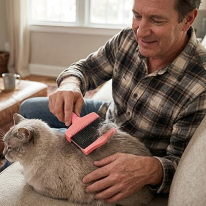homme fait brosser chat gris avec brosse poil chat large