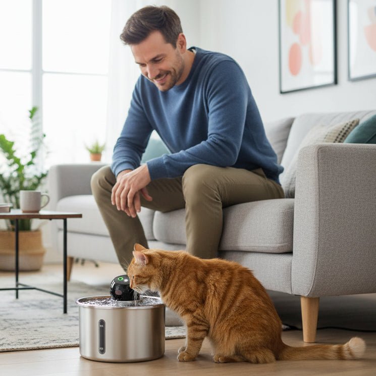 homme observe son chat boire de l'eau fraiche dans la fontaine a eau pour chat inox
