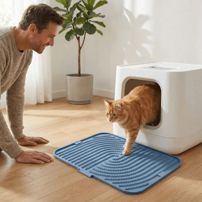 homme observe son chat sortant sur le tapis litiere chat