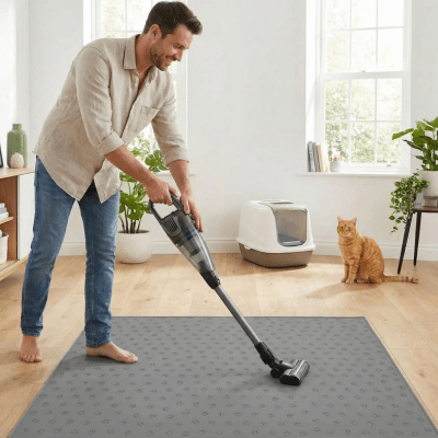homme passe l'aspirateur sur le tapis pour litiere chat
