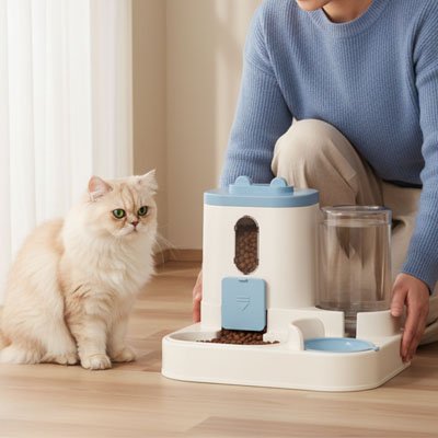 Un homme présente un distributeur croquette chat à son chat