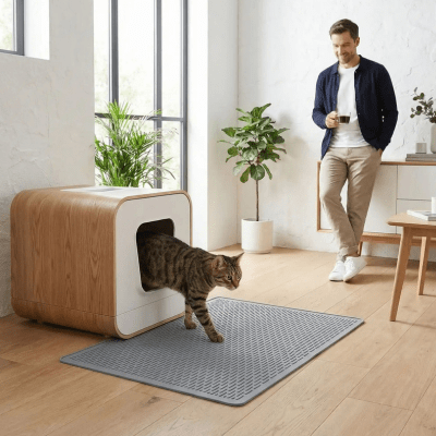 un homme regarde son chat sur le tapis pour litière chat 