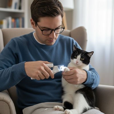homme tiens le coupe griffes pour chats 