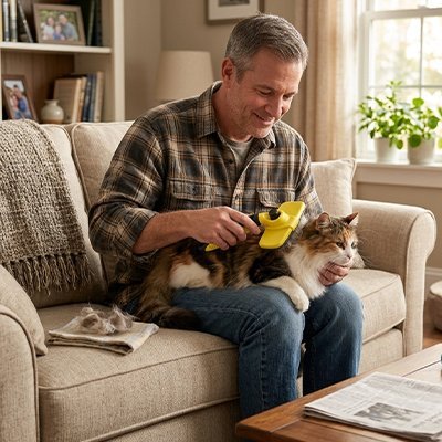 homme utilise brosse chat poil long jaune