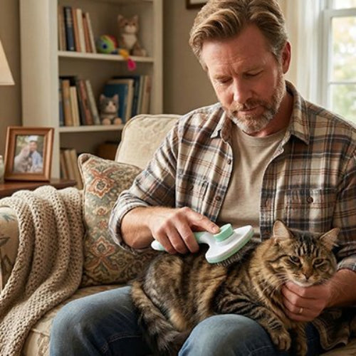 homme utilise Brosse chat poils longs