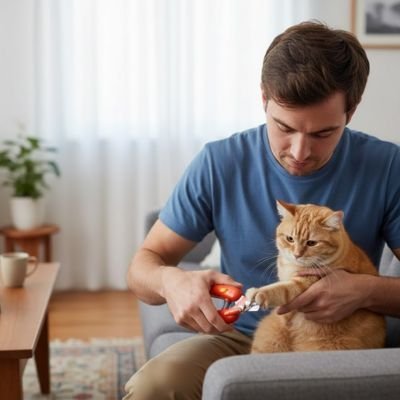 homme utilise le coupe ongle pour chat 