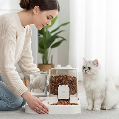 la femme installant le distributeur de croquettes chat 