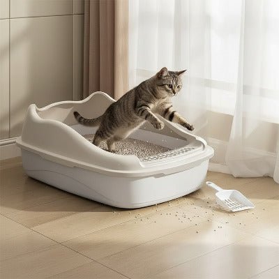 Le chat bondit hors du bac à litière chat