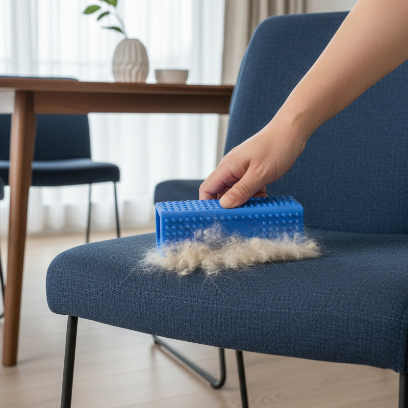 main enlève les poils sur la chaise avec la  brosse anti poils