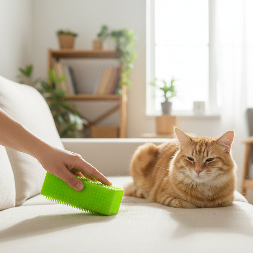 main nettoie le canapé avec la brosse anti poils