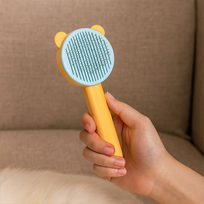 Main tenant une brosse pour Chat orange et bleu