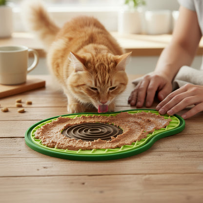 maitre sert le pâté dans le tapis anti-glouton chat