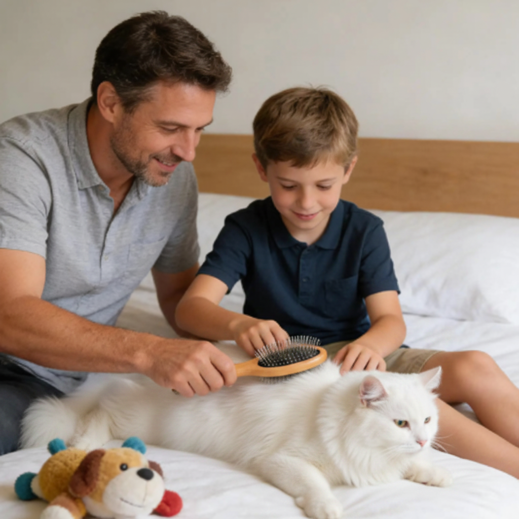 un papa et son fils brossent leur chat avec brosses pour chat