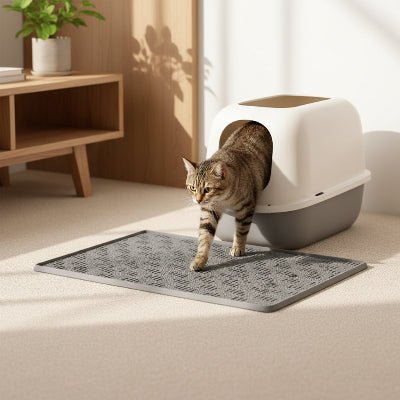les pattes devant du chat sont sur le tapis pour chat