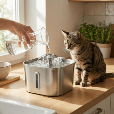 une personne versant de l'eau dans la fontaine a chat
