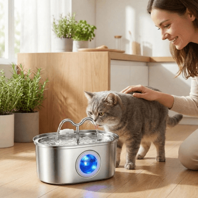 propriétaire caresse le chat buvant l'eau dans une fontaine à chat 