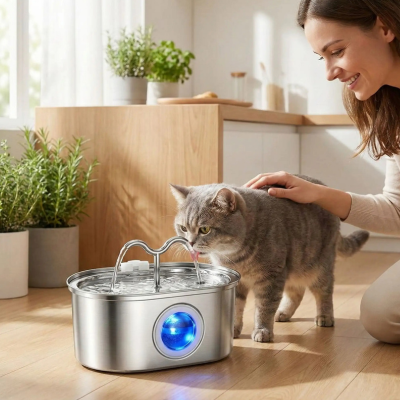 propriétaire caresse le chat buvant l'eau dans une fontaine à chat 