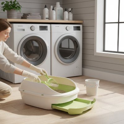 propriétaire nettoie le bac a litiere chat 