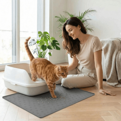 propriétaire assis à côté du tapis pour litiere chat