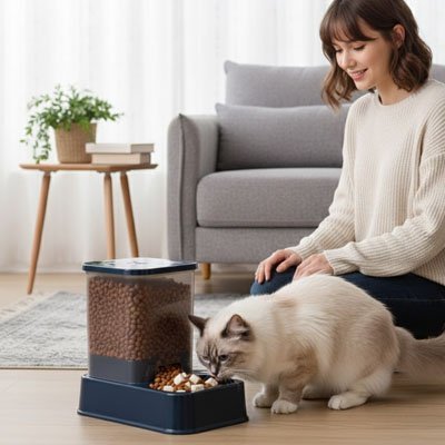propriétaire assis devant le distributeur croquettes chat