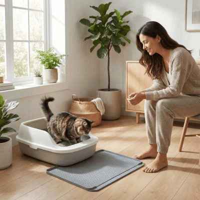 propriétaire assis à côté du tapis pour litiere chat