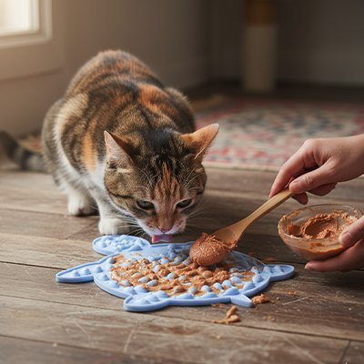 propriétaire met du pâtée sur le Tapis de lechage