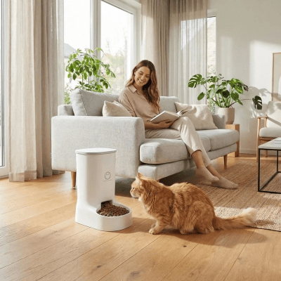propriétaire observe le chat avec le distributeur de croquette