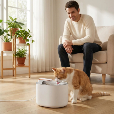 propriétaire observe chat s'hydrater avec une fontaine à chat 