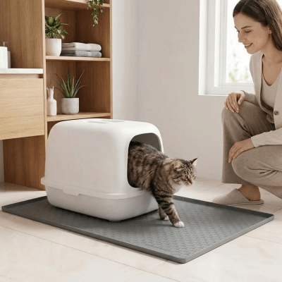 propriétaire observe son chat sortant sur le tapis pour litiere chat