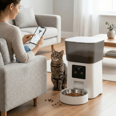 propriétaire programme le distributeur automatique de croquettes chat 