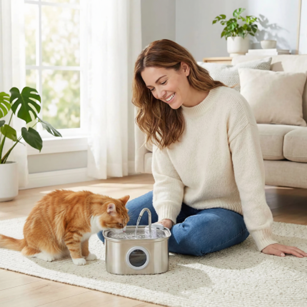 propriétaire regarde le chat buvant l'eau dans la fontaine a eau chat