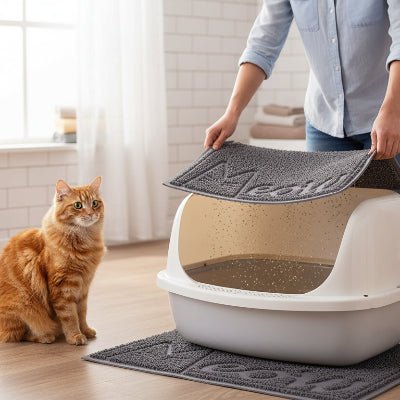 propriétaire secoue le tapis litiere chat sur le bac