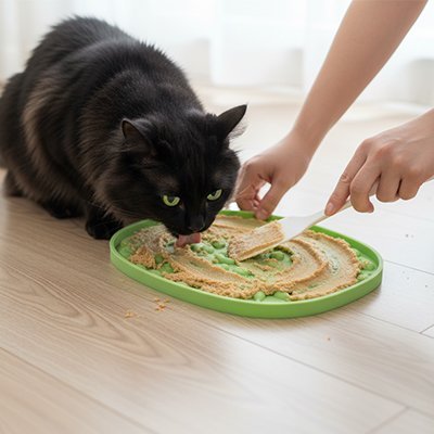 propriétaire servant le pâtée dans Tapis de lechage