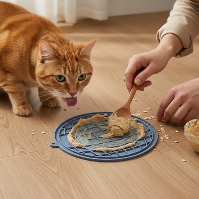 propriétaire servant du pâtée dans le Tapis de lechage