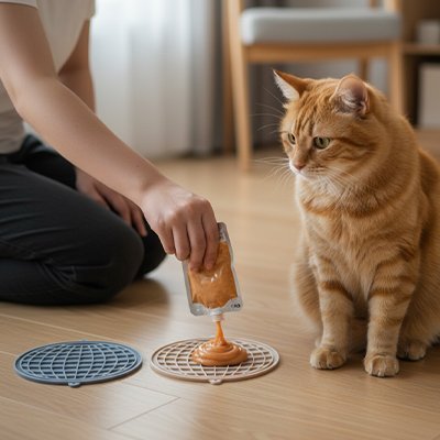 propriétaire verse du pâtée dans le Tapis de lechage