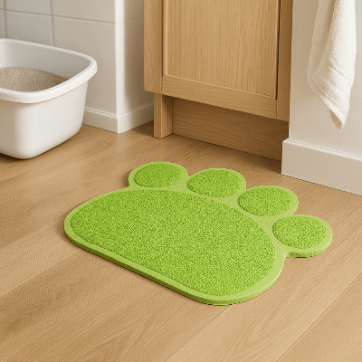 tapis litière chat vert placé devant un bac ouvert