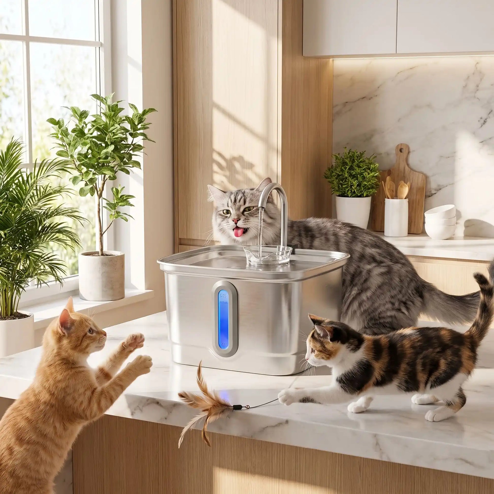 trois chats à côté de la fontaine a eau inox chat