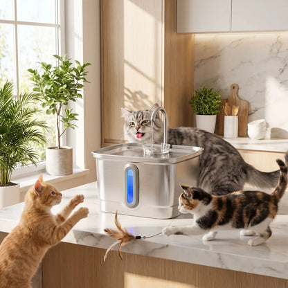 trois chats à côté de la fontaine a eau inox chat