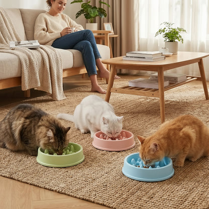 trois chats mangent dans la gamelle anti glouton pour chat
