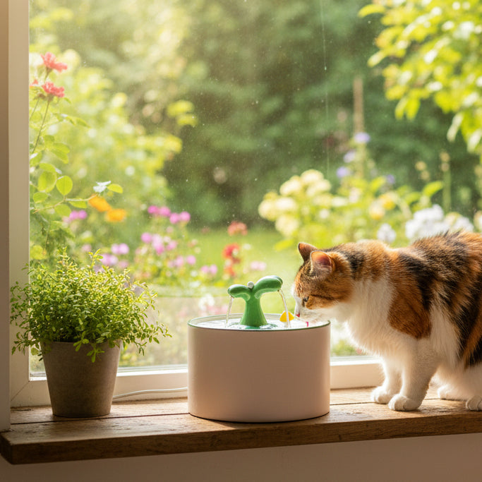 vue jardin chat boit dans la fontaine a eau pour chat ceramique